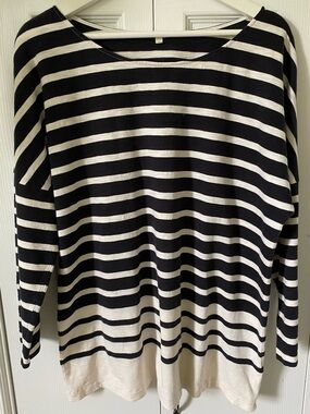 J. Crew Navy and White Striped Breton tunic top mother of pearl buttons Size L